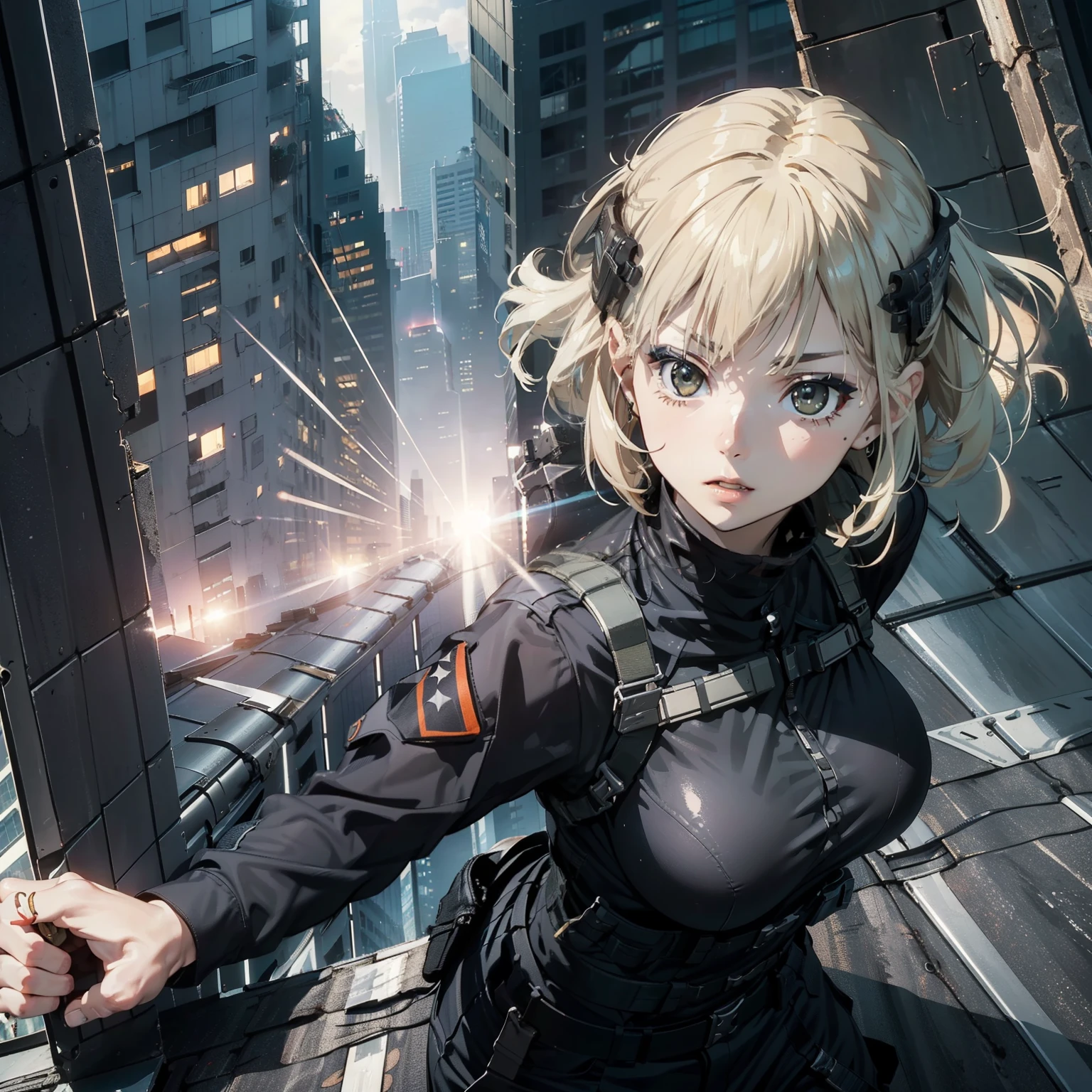 (Trained female soldiers)、((Aim and fire your rifle:1.4、Sniper stance:1.2、guns、h&K HK416))、1 Women、thick body、(Black combat uniform)、(platinum-blonde-hair:1.2)、((超A high resolution))、Detail Write、masterpiece、top-quality、extremely details CG、8K picture quality、Cinematographic lighting、lensflare、((Skyscraper rooftop at night:1.4))、Hyper-detailing、(((Dynamic Angle Bust Shots:1.4)))、Detailed firearm depiction、Rifle with perfect detail、Perfect barrel that does not distort、Fighter in the sky、Military drones