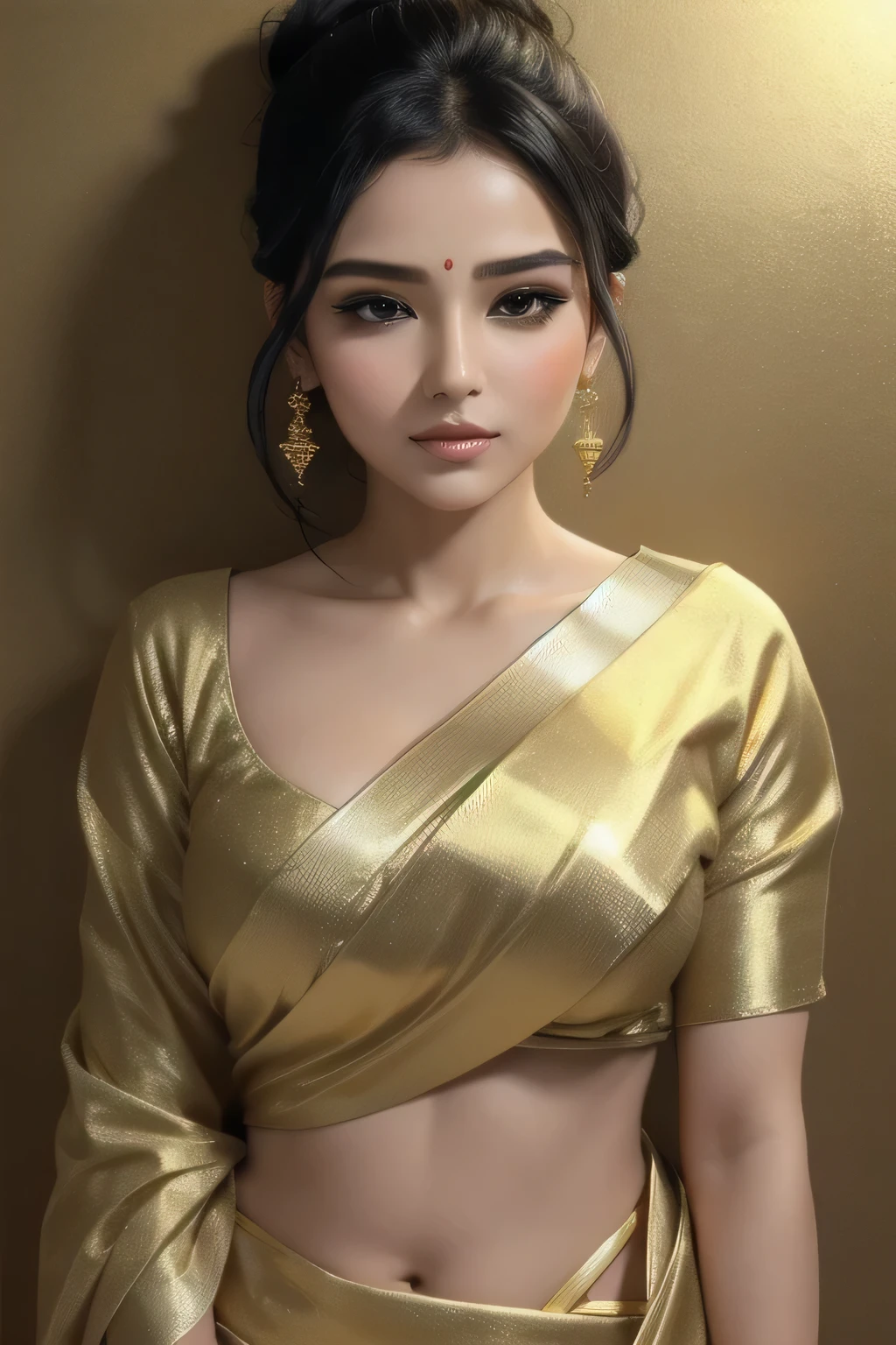 Sexy woman, black hair tied in a bun, smokey eyes, eyeliner, blushing intensely, fairest skin, plump face, soft lips, gold blouse, white saree with gold borders, pinned against a wall