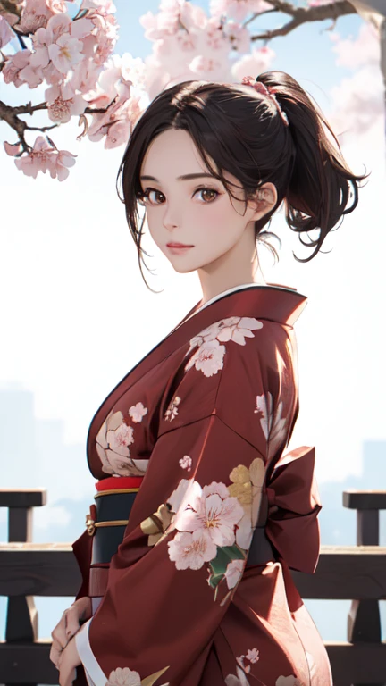 (best quality, 8k, masterpiece: 1.3), single ponytail, (beautiful face:1.3), Cherry blossoms are in full bloom, full of cherry blossoms, Floating cherry petals, Gorgeous, authentic kimono , full body , straight down hair , golden eyes 