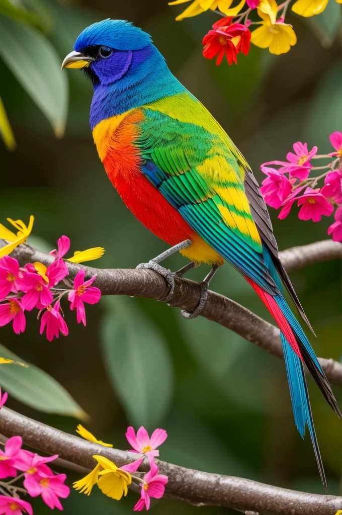 Colorful bird sitting on a branch with leaves and flowers, Color HD pictures, brightly colored bird, Beautiful and colorful, Colorful 8k, Colorful bird, The colors are beautiful, Beautiful and colorful, Colorful feathers, Surreal bird, Beautiful bright colors, colorful、Rich in details, Color 4k, Vibrant true colors, a Surreal bird, Stunning colors