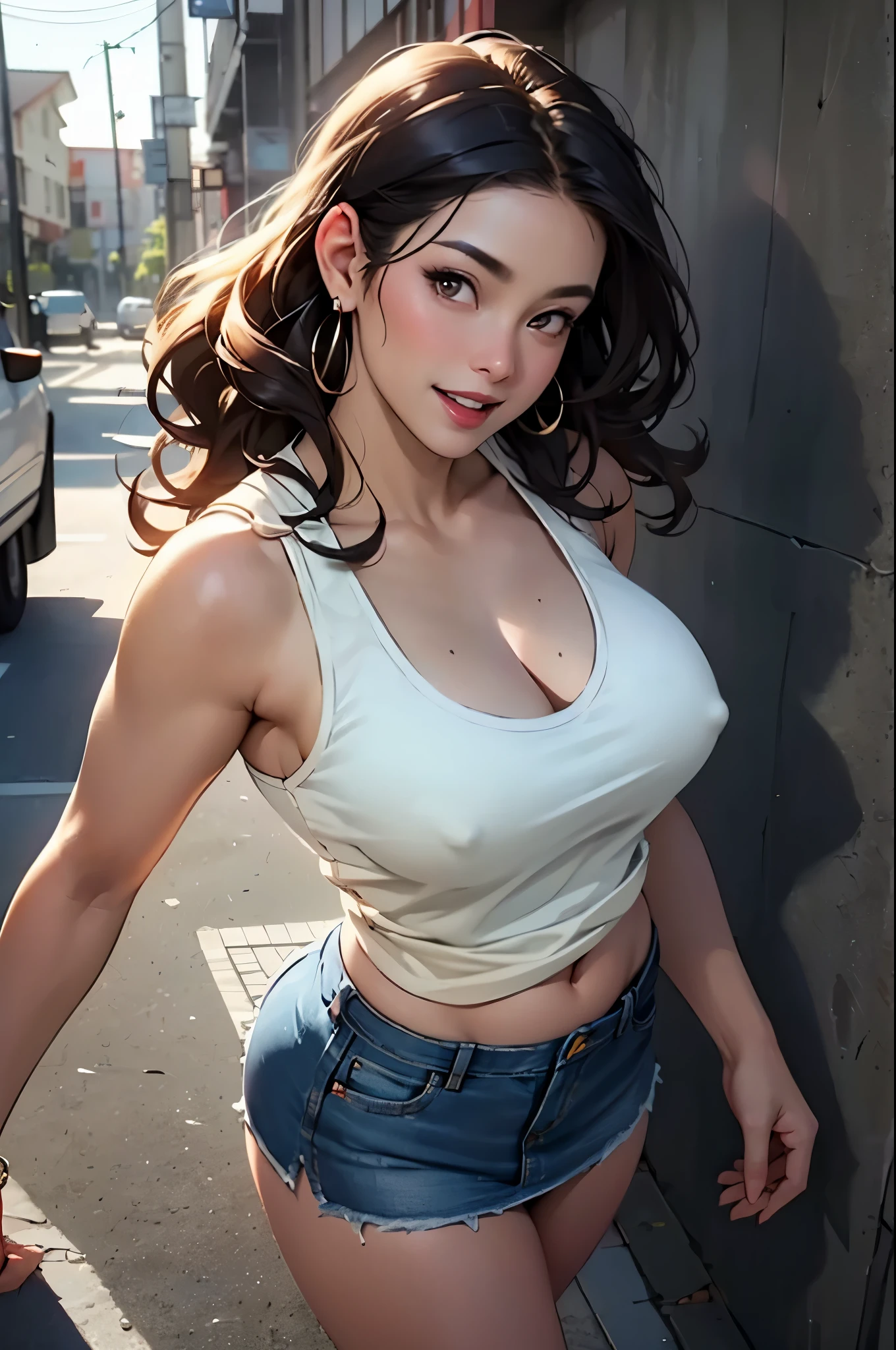 (RAW photo), (Realistic), (photo-realistic), ultra high resolution, masterpiece, highest quality, portrait, facial portrait, perfect lighting, detailed lighting, dramatic shadow, ray tracing, 1 Japanese beautiful mature lady, 40 years old, Voluptuous, cleavage, plump body type, symmetrical eyes, beautiful detailed brown eyes, chubby lips, red lips, Super high resolution perfect beautiful teeth, big tits, big ass, big thick thighs, long wavy hair, black hair, earrings, half open mouth, smiling, looking at viewer, (tank top:1.2), (denim mini skirt:1.2), revealing clothing, Japanese street,