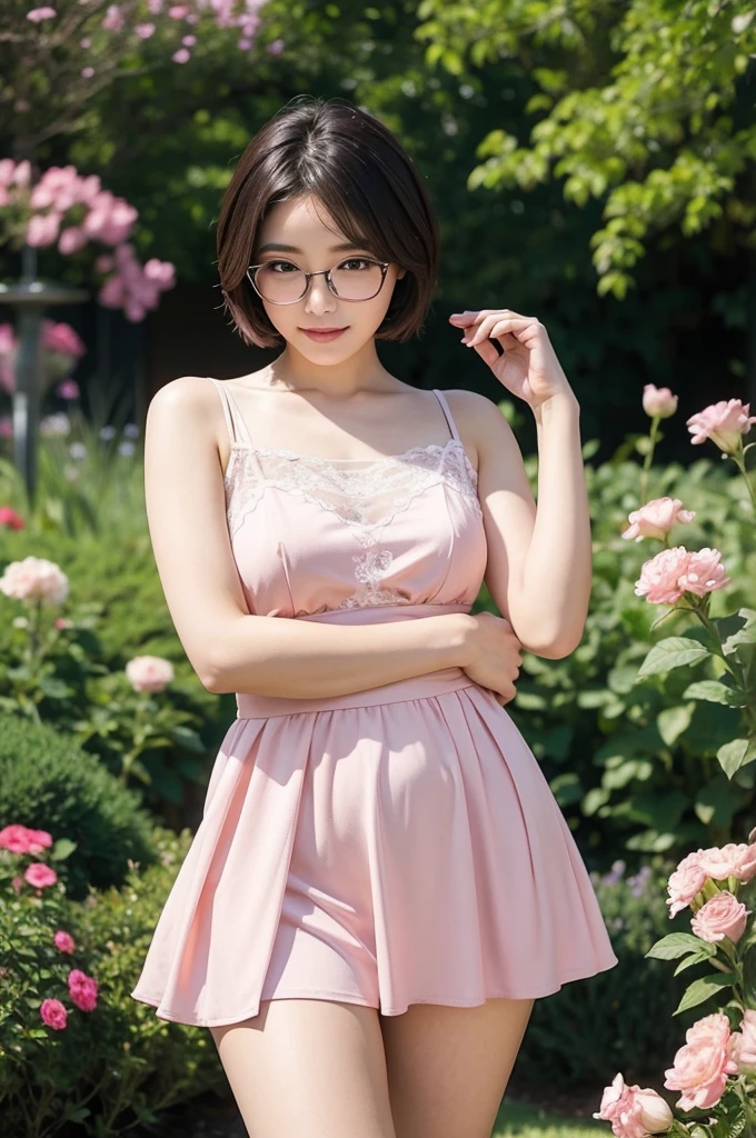 A beautiful short hair Asian girl with glasses wearing pink dress, reposing on grass in a flower garden, smirking, showcasing medium size breasts, thighs, lifting up the dress to show lower underwear.