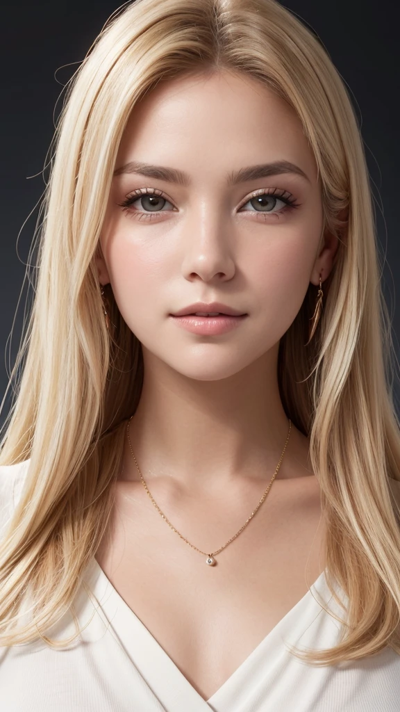 1 25 years old beautiful woman with long blonde hair posing for a picture, Beautiful long blonde woman, Long blonde very beautiful woman, She is blushing and making a kissy face, Her face is turned upwards, Well-cared for beautiful long blonde, 8K Ultra Realistic Portrait, Photograph from the front of her, Camera angle of view from above, Smooth long blonde beautiful woman, Slim figure top model, She has a very white and fine and smooth skin, Breast enhancement, ((Long blonde Spanish woman)), The blonde eyebrows are raised and furrowed, She has bittersweet feeling, Glossy long blonde hair, Super thinly opened eyesare moist and droopy, She is looking up at the viewer from below, Her thick plump and shiny lips are half-opened, Close-up photo of face, A person in the center left and right, The whole head is shown, She is wearing a pastel colored blouse, A very simple necklace and very simple earrings, Perfect Makeup, Professional lighting like movies in a dark room
