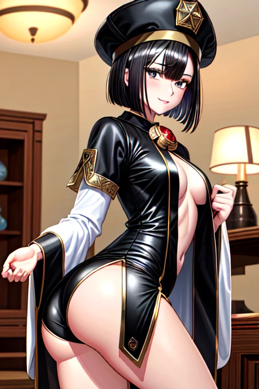 (masterpiece:1.5),(best quality:1.5),(high resolution:1.5),(8k:1,5),(perfect face:1.5),(perfect body:1.5),(perfect hands:1.5),(perfect fingers:1.5),full body,,1woman,(megami magazine:1.3),pale skin,(fighter:1.3),black short hair,(hair over left eye:1.3),,seductive smile,(small breasts:1.1),(large ass:1.3),, breasts chinese clothes, long sleeves,, white robe, black headwear, looking at viewer,Stand facing forward