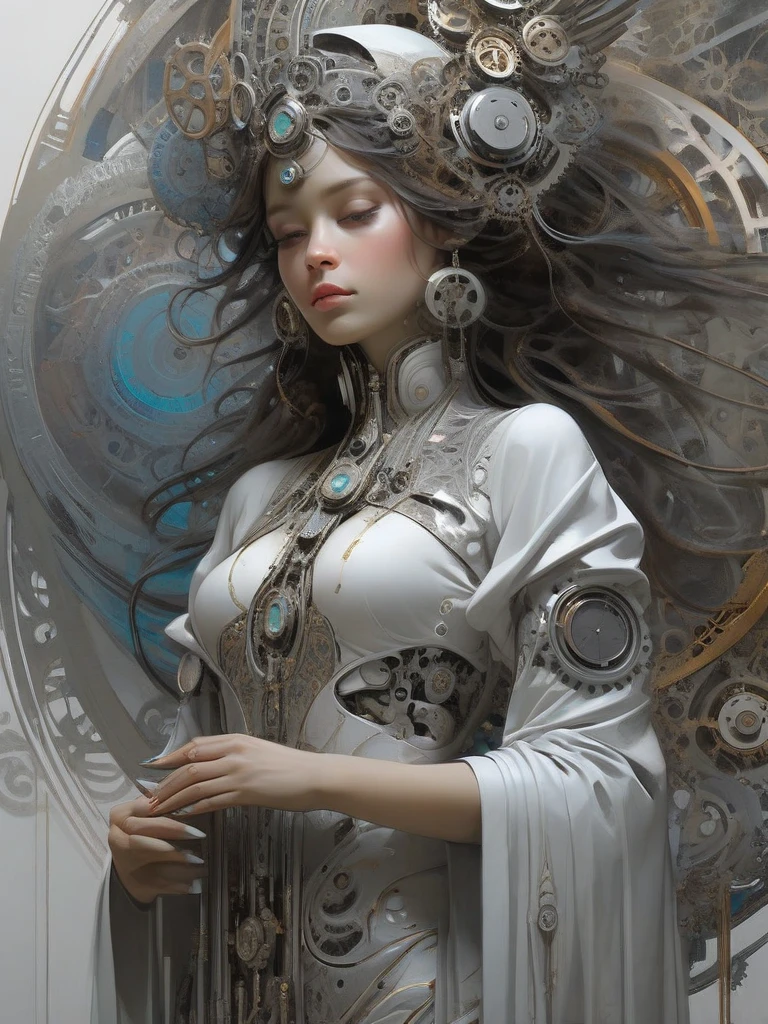 front_view,Aaron Horkey and Jeremy Mann,silver hue Colorful beautiful praying woman,as beautiful as an angel,black ink flow,intricate_detailed,calligraphy,acrylic,fractal art,professional,dificult,maximalist,marton bobzert,fantastic,insane dificult,intricate background,elegant,expansive,mechanically tailored,retro,rusty time,weatheringClock,gears,high_res,cyborg style,greg rutkowski,