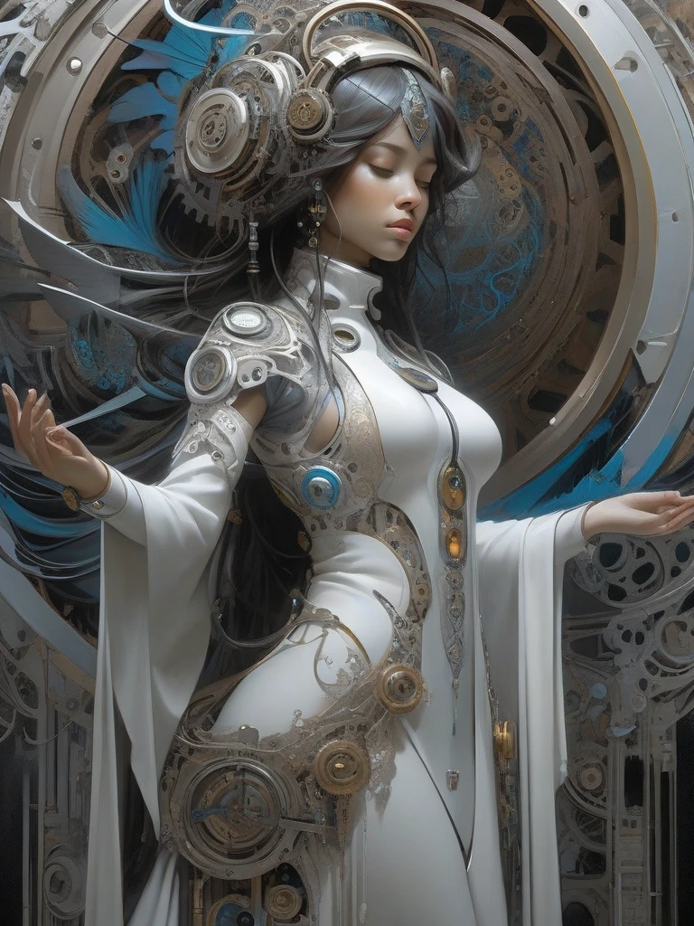 front_view,Aaron Horkey and Jeremy Mann,silver hue Colorful beautiful praying woman,as beautiful as an angel,black ink flow,intricate_detailed,calligraphy,acrylic,fractal art,professional,dificult,maximalist,marton bobzert,fantastic,insane dificult,intricate background,elegant,expansive,mechanically tailored,retro,rusty time,weatheringClock,gears,high_res,cyborg style,greg rutkowski,
