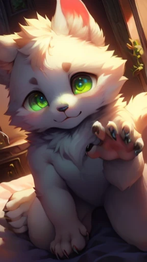 masterpiece, highest quality, (Perfect Face:1.1), (Attention to detail:1.1), (Ultra-detailed eyes), dramatic,Wolf,fluffy,baby,On the bed,Full body fur,boy,White fur,Black eyebrows,Wolf,baldness,baldness,baby,Whites of the eyes are light green,Cat Eyes,Slanted Eyes,Small eyebrows, claw pose, from above,Spread your legs,Hip Focus,On all fours
