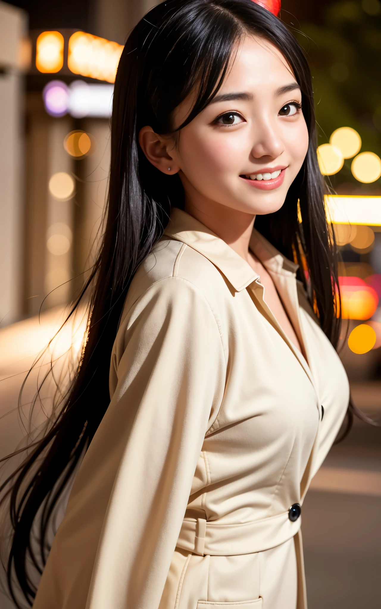 highest quality, figure, Ultra-detailed, finely, High resolution, 8K Wallpaper, 完璧なダイナミックな構figure, ((Sexy pose)), Beautiful Skin, (Big Eyes), 20 year old beautiful girl, Natural color lip, Mid chest, smile, Highly detailed face and skin texture, Detailed eyes, Double eyelid,leaking teeth and laughing, close-up, from side, Black hair twin tails, (Beige Suit), (blouse:1.2), Night view
