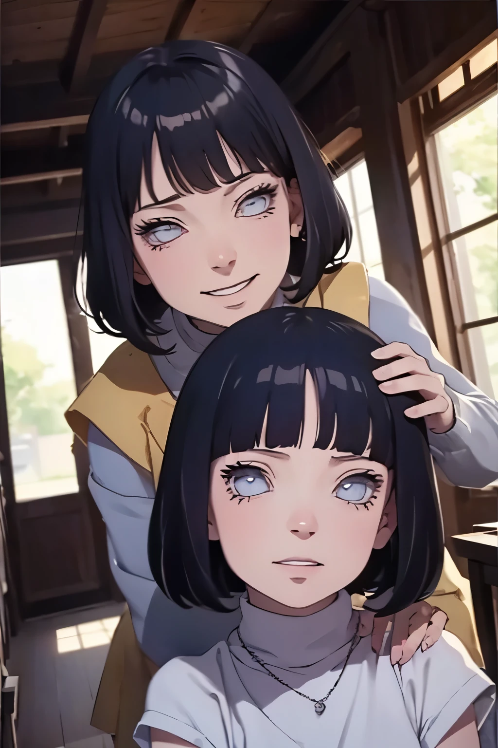 2d, _todler_, {{6 years old}}, RPG character in Naruto alternative universe by Masashi Kishimoto, specially in hyuga clan; Appearance base is Wraith from Apex Legends, with byakugan-soft lilac eyes, kind and soft expression making her look swwet; joyfull, short and dark hair (with shades of dark blue); artwork in modern Japanese animation style, 8k high definition quality, masterpiece, {{high detailed eyes}}, grain filter, high resolution, extremely detailed, portrait, Anatomically accurate, girly reddish cheeks; (highest quality:1.3), {{dutch angle}}, {{smiling todler}}, {{inocent}} ((byakugan)), ((child)), soft expression, kind expression
