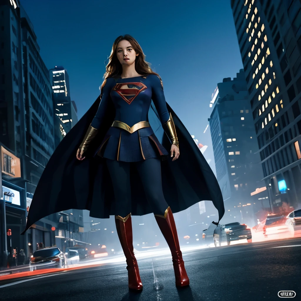 Supergirl Giant、A body bigger than buildings、Supergirl is 87 meters tall、appearing in new york city、Fighting giant monsters、City-destroying combat、The giant monster is 120 meters tall.、Destroy a building when it falls、