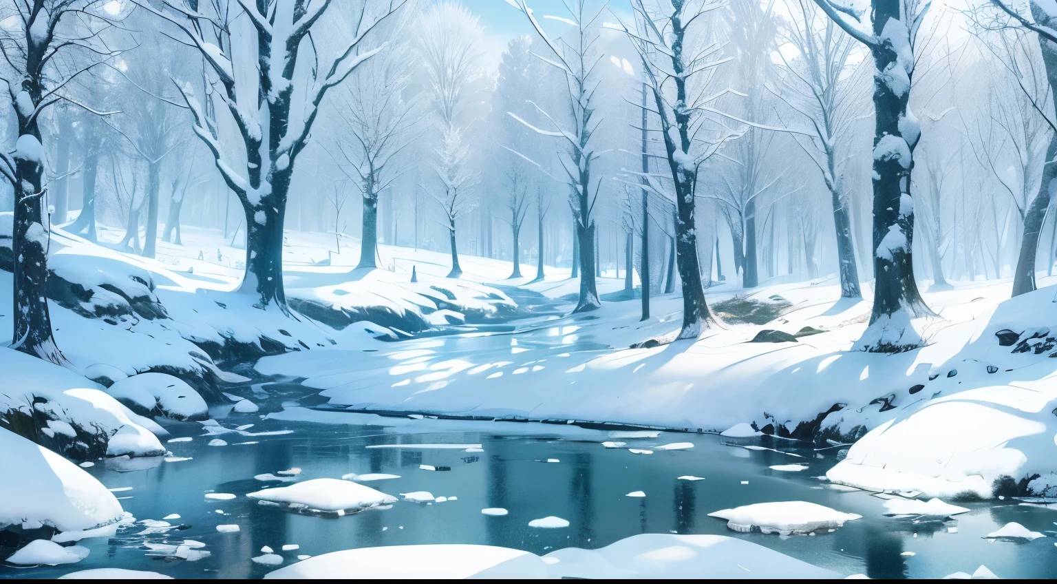 ice forest, cold, ice, snow, sky, anime, background