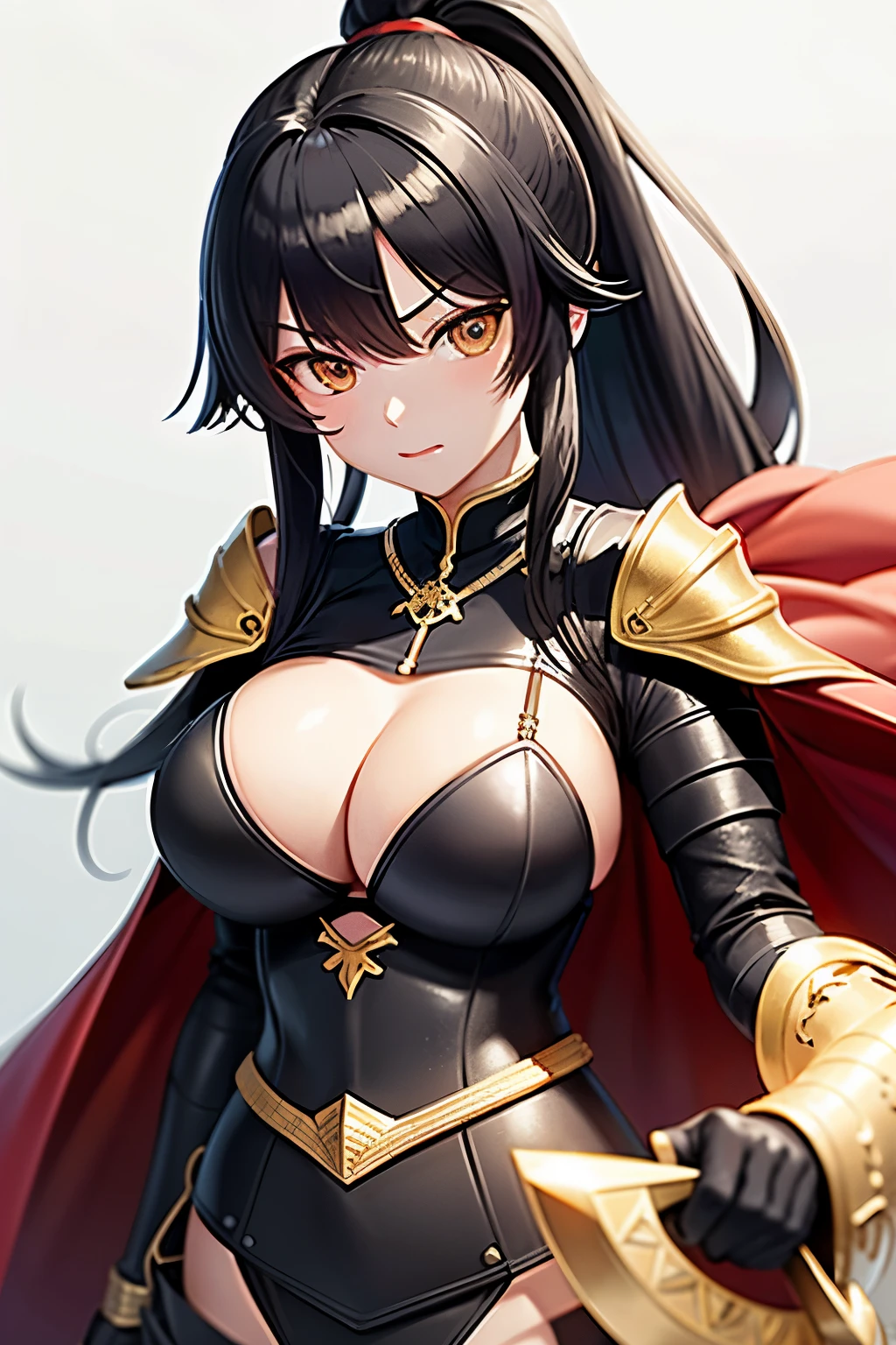 ((highest quality)), ((masterpiece)), (detailed), Perfect Face、knight、Big Tits、ponytail、Black Hair、Long Hair、Wearing armor、Wearing a cloak、Has a big sword、Red Cape、golden armor、Exposing the upper part of the chest、Bikini Armor、Mature Woman、Brandishing a Sword、Throw your hands out in front of you、Angry face、