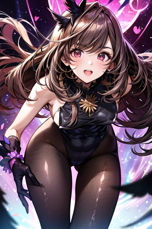 draw the face carefully High quality anime style faces Super shiny skin Black and purple leotard with red trim Pink Pantyhose Succubus Lure smile Back view