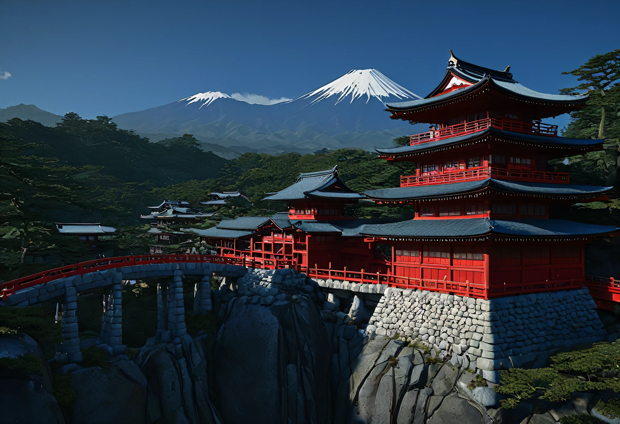 arafed image of a Japanese castle with a red bridge, Detailed matte painting inspired by Hanbei Yoshida, Polycount Contest Winners, ukiyo-e, ancient Japanese architecture, feudal Japanese setting, Japonism 3d 8k ultra detailed, Beautiful renderings of the Tang Dynasty, Japan. Volumetric lighting, Pop Japonism 3d Ultra Detailed