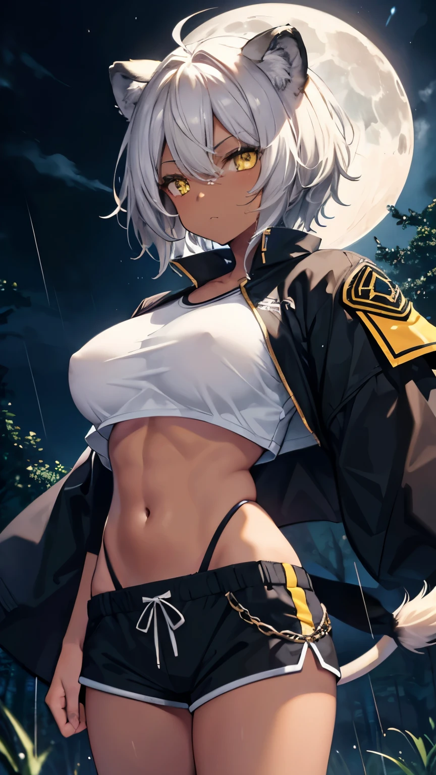,girl,Best image quality,,Grey Hair,,Yellow Eyes,Lion ears,Brown skin,Dark Skin,Lion's Tail,Short Hair,Straight Hair,Dense forest,Moonlit Night,rain,rainを浴びる,Navel sticking out,uniform,Big Breasts,Toned body,Shorts,Abdominal muscles,