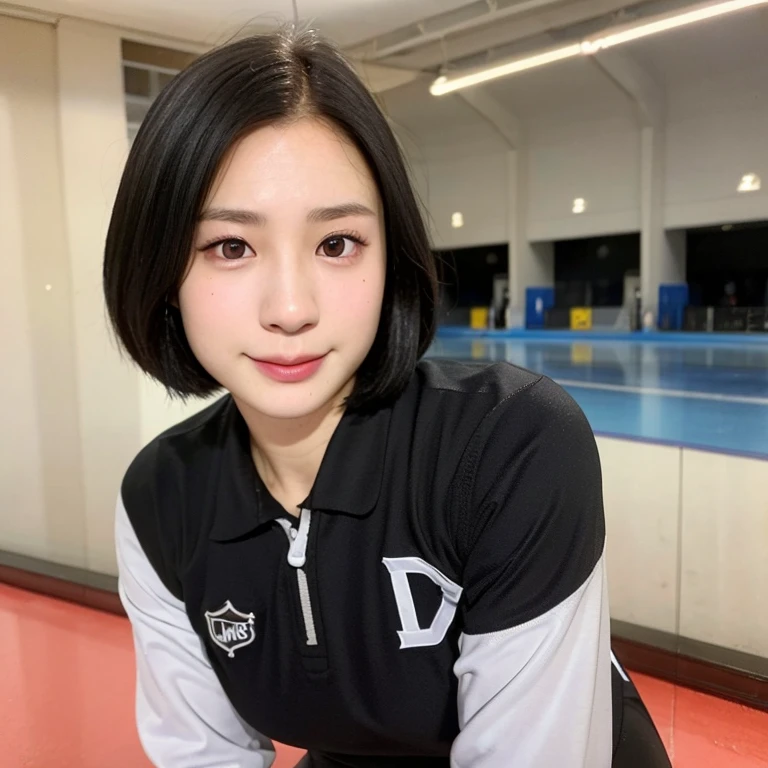 (kawaii 24year-old Japanese girl, Nogizaka idol, Korean idol), female ice hockey player, (glossy black hair, very short hair:1.3), (rounded face, black eyes, single eyelid, no makeup, soft smiling:1.2), (wearing long sleeved ice hockey jersey:1.3), (flat chest, extra small breasts:0.8), (looking at viewer:1.2), BREAK, (ice skate arena background:1.3), (view from forward, close shot:1.3), BREAK, (masterpiece, best quality, photo realistic, official art:1.4), (UHD, 8K quality wallpaper, high resolution, raw photo, golden ratio:1.3), (shiny skin), professional lighting, physically based rendering, award winning, (perfect anatomy, highly detailed skin, extremely detailed face and eyes:1.2), Carl Zeiss 85 mm F/1.4, depth of field, 1girl, solo, nhl player, national hockey league player,
