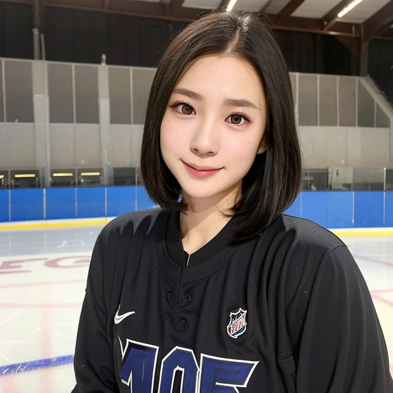 (kawaii 24year-old Japanese girl, Nogizaka idol, Korean idol), female ice hockey player, (glossy black hair, very short hair:1.3), (rounded face, black eyes, single eyelid, no makeup, soft smiling:1.2), (wearing long sleeved ice hockey jersey:1.3), (flat chest, extra small breasts:0.8), (looking at viewer:1.2), BREAK, (ice skate arena background:1.3), (view from forward, close shot:1.3), BREAK, (masterpiece, best quality, photo realistic, official art:1.4), (UHD, 8K quality wallpaper, high resolution, raw photo, golden ratio:1.3), (shiny skin), professional lighting, physically based rendering, award winning, (perfect anatomy, highly detailed skin, extremely detailed face and eyes:1.2), Carl Zeiss 85 mm F/1.4, depth of field, 1girl, solo, nhl player, national hockey league player,