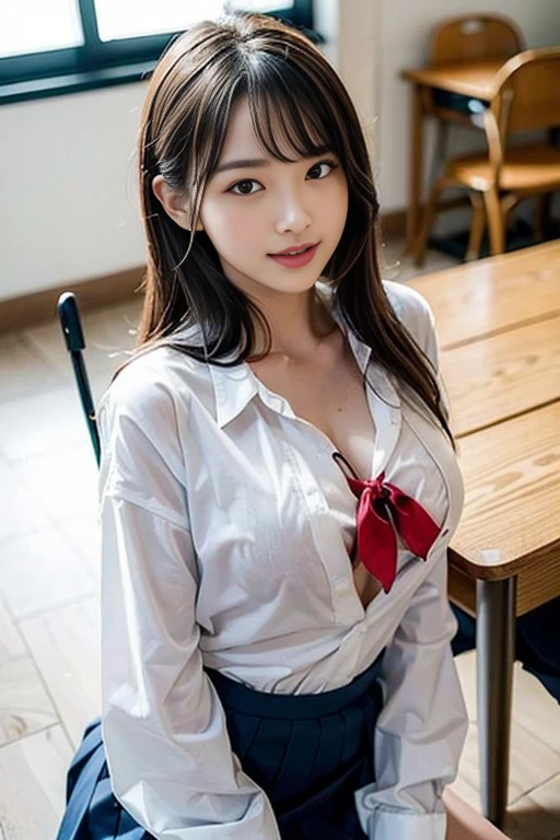 (((Please unbutton your shirt and look at your chest)))、(((tits:1.3)))、、((cute sailor suit))、（8K gold、first-class）、School classroom、 student、clasirt、可Adorableボブカット、青いWet shirt、Wet shirt、Adorable、smile、Narrow side、Short, thin hair、32Kin、T Masterpiece、Best image quality、Ultra-high resolution、Perfect hands、audience looking up、Wet Skin、(((whole body)))、whole body、Spread your legs wide、Spread your legs、looking at the camera、Attention to detail、Beautiful Eyes、((Dynamic Movement))、((Dynamic Movement))