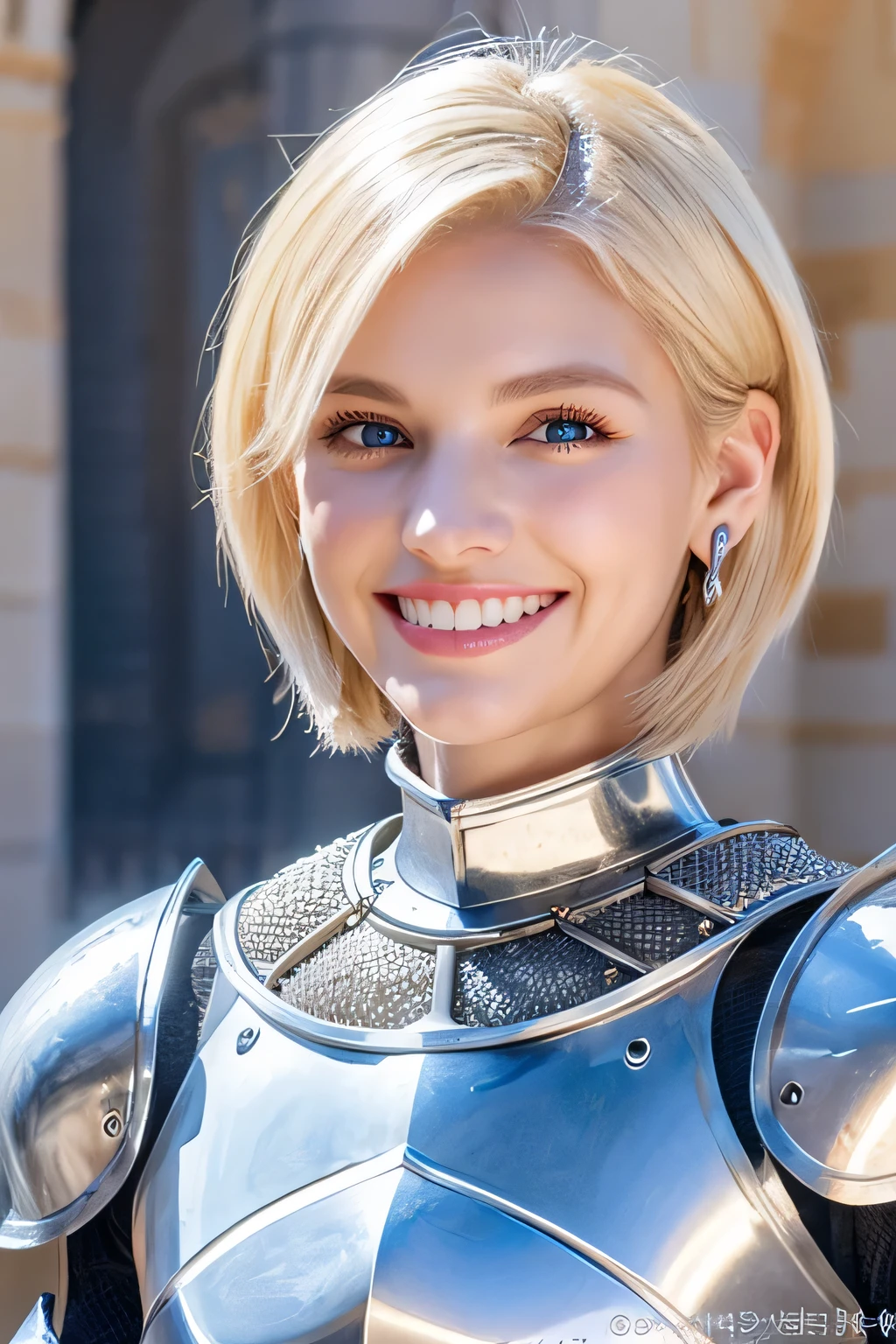 8K、highest quality、female knight、Luxurious Silver Armor、、hairstyle short cut、smile、Beautiful Teeth、Full body photo、ear piercing、blonde、White woman、blue eyes、Heavy makeup、The background is inside the castle
