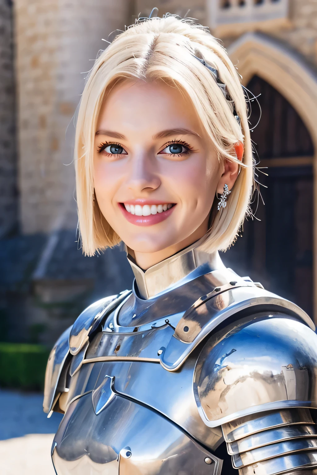 8K、highest quality、female knight、Luxurious Silver Armor、、hairstyle short cut、smile、Beautiful Teeth、Full body photo、ear piercing、blonde、White woman、blue eyes、Heavy makeup、The background is inside the castle