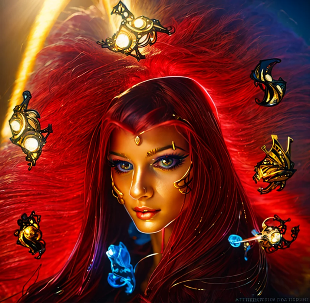 (masterpiece, best quality:1.2), 1girl, solo ((ultra realistic))), photo, best quality, trending on artstation, ONE beautiful woman (dark red hair:1.2), fingers in hair, (detailed eyes:1.2), gold body jewelry, no jewelry in hair, heavy eye makeup, mascara, glossy pink lips, no wind in hair, hair on shoulders, long painted finger nails, fingers holding hair, shiny skin, (focus on face and cleavage:1.1), depth of field, soft lighting, (play of light and shadow:1.2), ultra detailed, detailed gold jewelry with diamonds floating in blue sky.