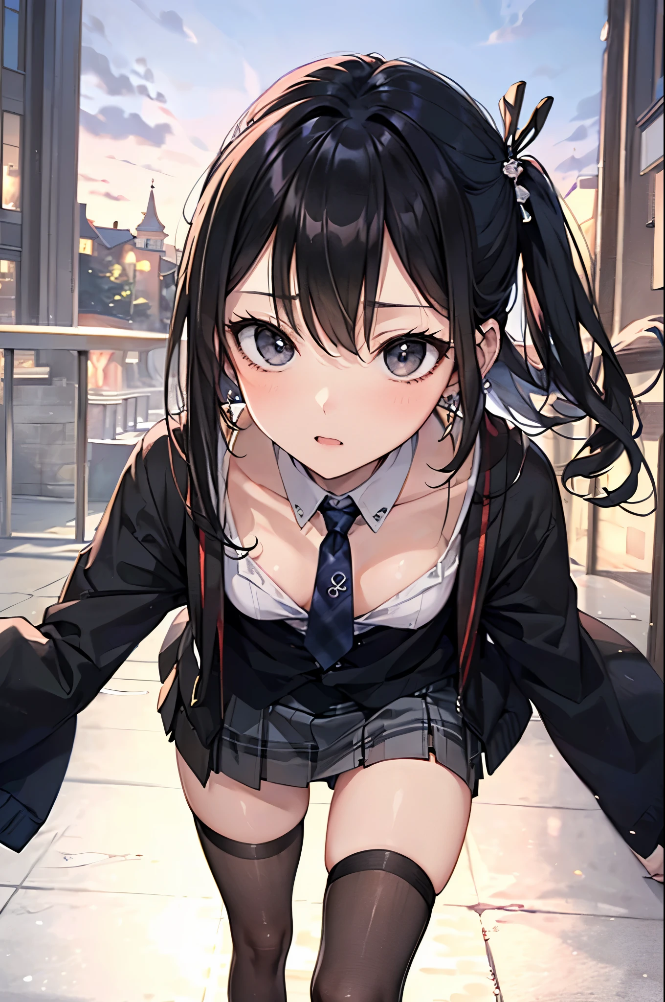 ((Biologically correct number of limbs))、(( Photo with face included))、4K、((Standing posture))、Masterpiece、((focus on the face))、((Symmetrical facial features))、Eyes with detailed description、Beautiful woman、Outstanding style、Beautiful clavicle、Beautiful legs、Beautiful Hands、Slender Body、(stockings、High heels）、Detailed depiction of faces、Small earrings、necklace、(Jacket、shirt、(Checked skirt))、profile、tie、Holiday theme park、(((White oak)))、Droopy eyes、Photographed from diagonally in front、(((Black and White)))、(((Pencil illustration)))、