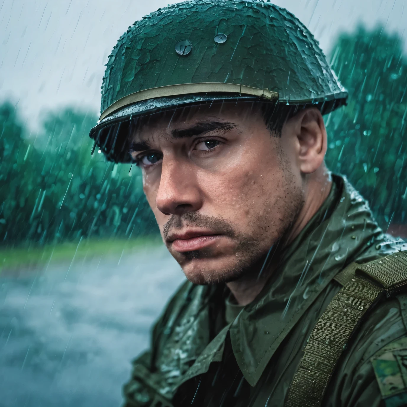 man, in the military, sad, portrait view, rainy weather