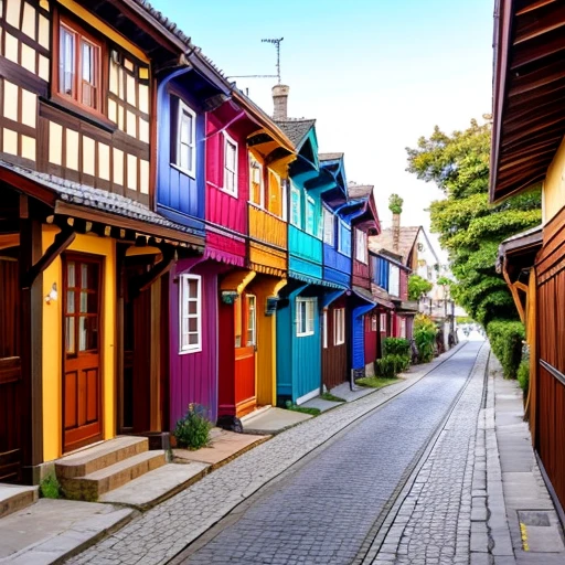 a street with beautiful wooden Jew houses, bright colors