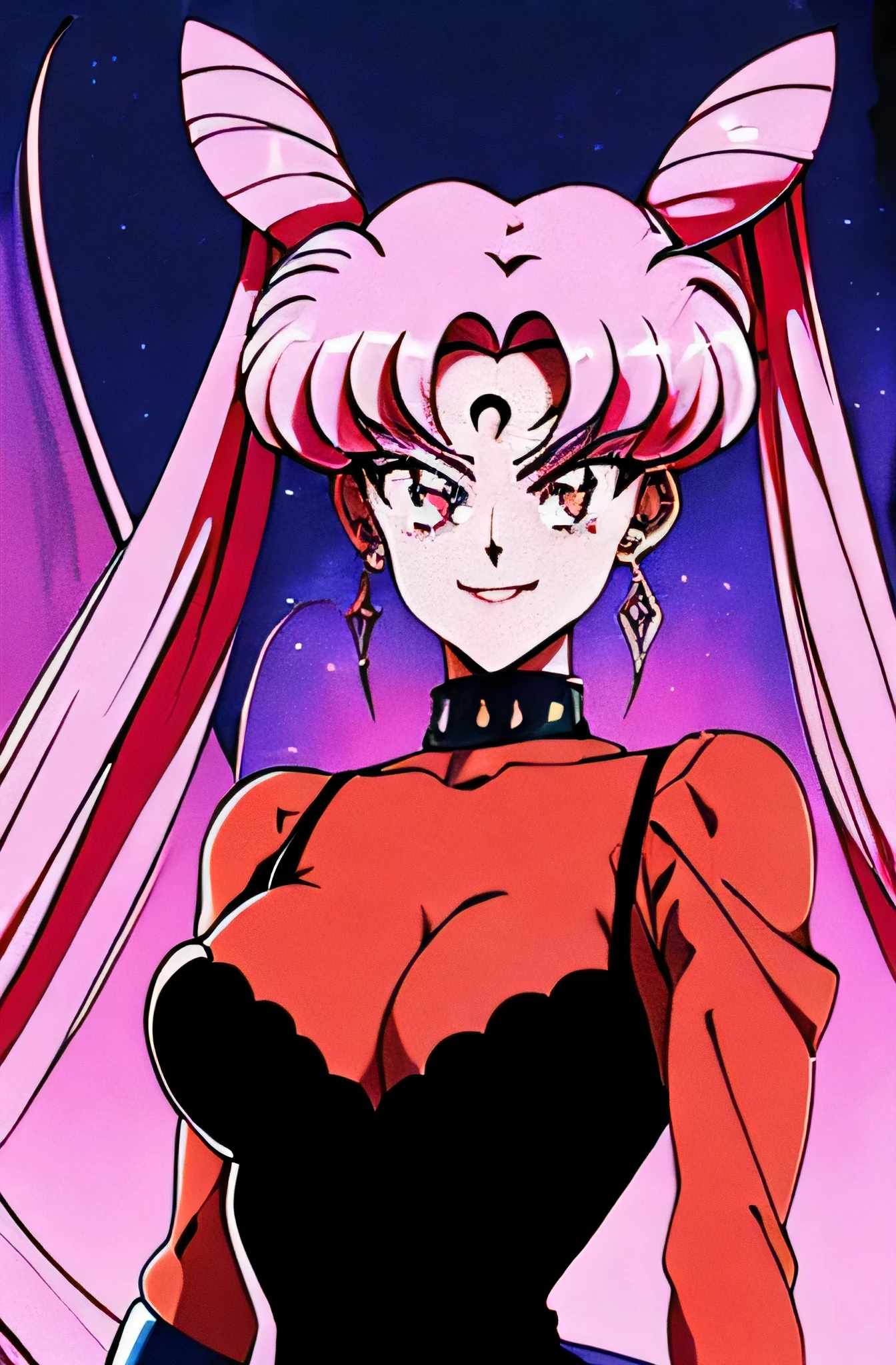 ((masterpiece,best quality)), absurdres,
Black_Lady_Sailor_Moon,
solo, smiling, looking at viewer, cowboy shot,
cinematic composition, dynamic pose,evil smirk,(masterpiece:1.0),(Highest_quality:1.0), 超High resolution,4k,Super detailed, photo shoot, 8K, HDR, High resolution,EPTakeuchiNaokoStyle, 1990s \(style\), anime screencap, retro artstyle, anime coloring, traditional media,dark aura,corruption,face focus,oil,seductive smile,latex,