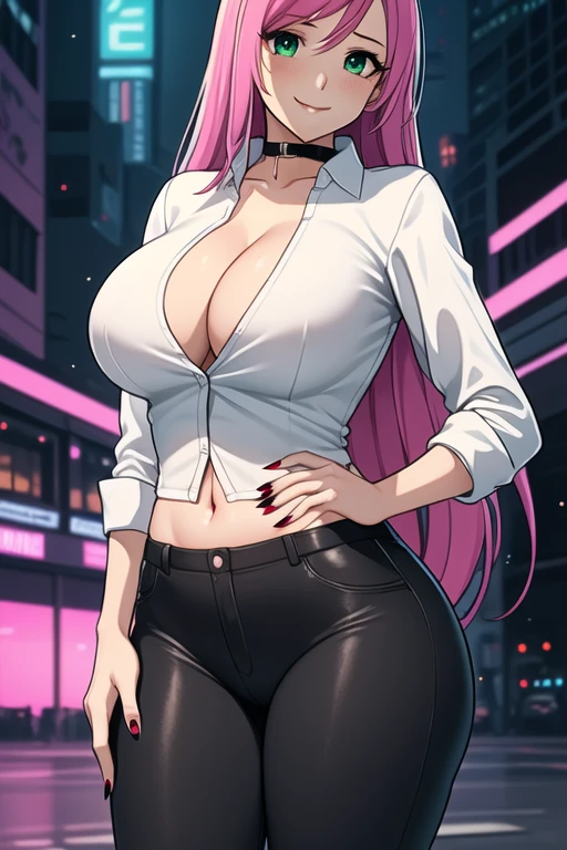 1 girl, 19 years old, Long pink hair, green eyes with slit pupils, master-piece, best quality, (standing up), (tight white buttoned shirt), (long sleeve white belly buttoned shirt, black pants, red nails, cleavage), (Big , ultra gigantic , Super super big, Glamorous body), Make eye contact with the camera, front figure, looking forward, (light_Smile:1.5), (Detailed hands and fingers:1.2) (Cyberpunk City), (FULL BODYSHOT), thighs thighs thighs thighs、beauty legs、Bare legs