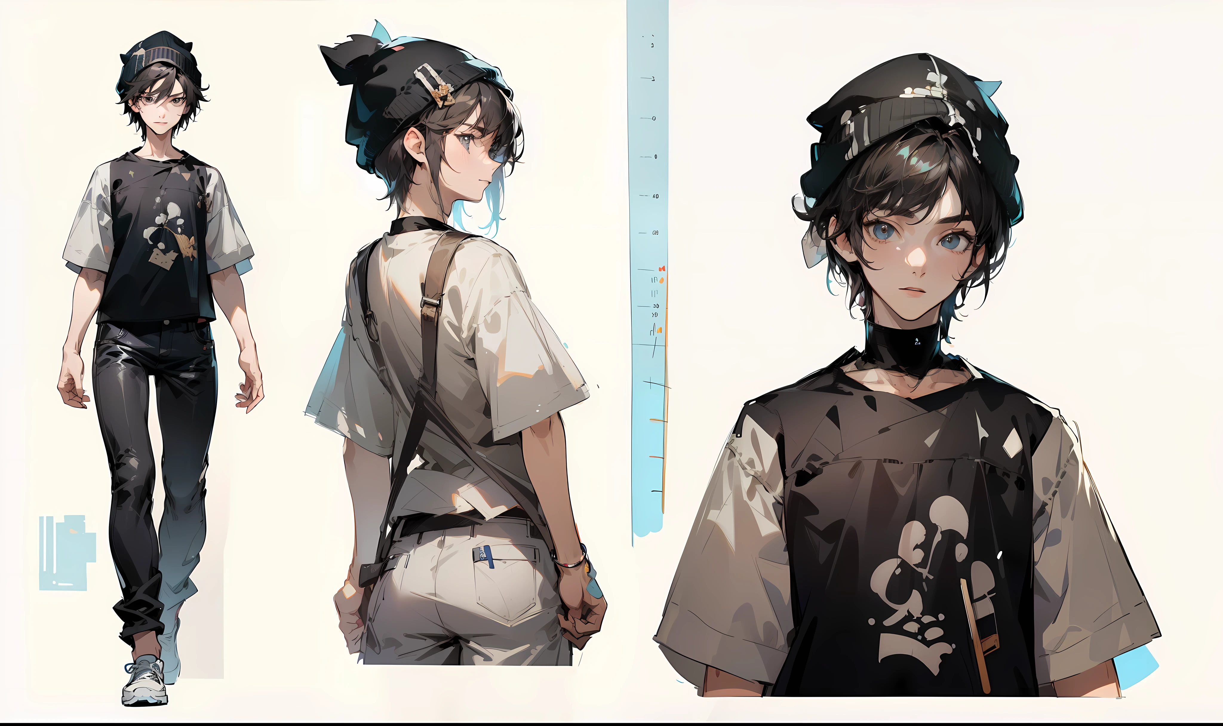 ((character sheet)) 1 boy, best quality, Cool looking teen age boy, Character sheet,T- pose , beautiful eyes , detailed face , wearing t-shirt, different angles, different poses, different head poses, forward, backward, simple background, Boy student,Light-colored clothes,short detailed hair,Black color hair,The shirt,full body, Adult male、((Adult 21 years old))、((Adult older brother)), Black short hair, character references, black eyes, black big shirt, black baggy shorts, white shoes, male, Full body, Character design , reference sheet, dynamic poses, detail face, ((Best Quality)), ((Masterpiece)), ((Realistic)) 19 year old, boy, wavy, relaxed happy face ((slender)), (((detailed character sheet, frontal view, side view, three quarter view, full body view))) white background, ((beanie hat)), (intricate-detail:1.2),(masterpiece, :1.3) ,(top-quality:1.4), (A high resolution:1.2), A high resolution, (A detailed eye), (detailed facial features), 8K resolution, (Lens Flare: 0.7), turned around, (8K, masterpiece, Highest Quality, Best Quality, Official art, Breathtaking beauty and aesthetics, A highly detailed, full body character design, full body