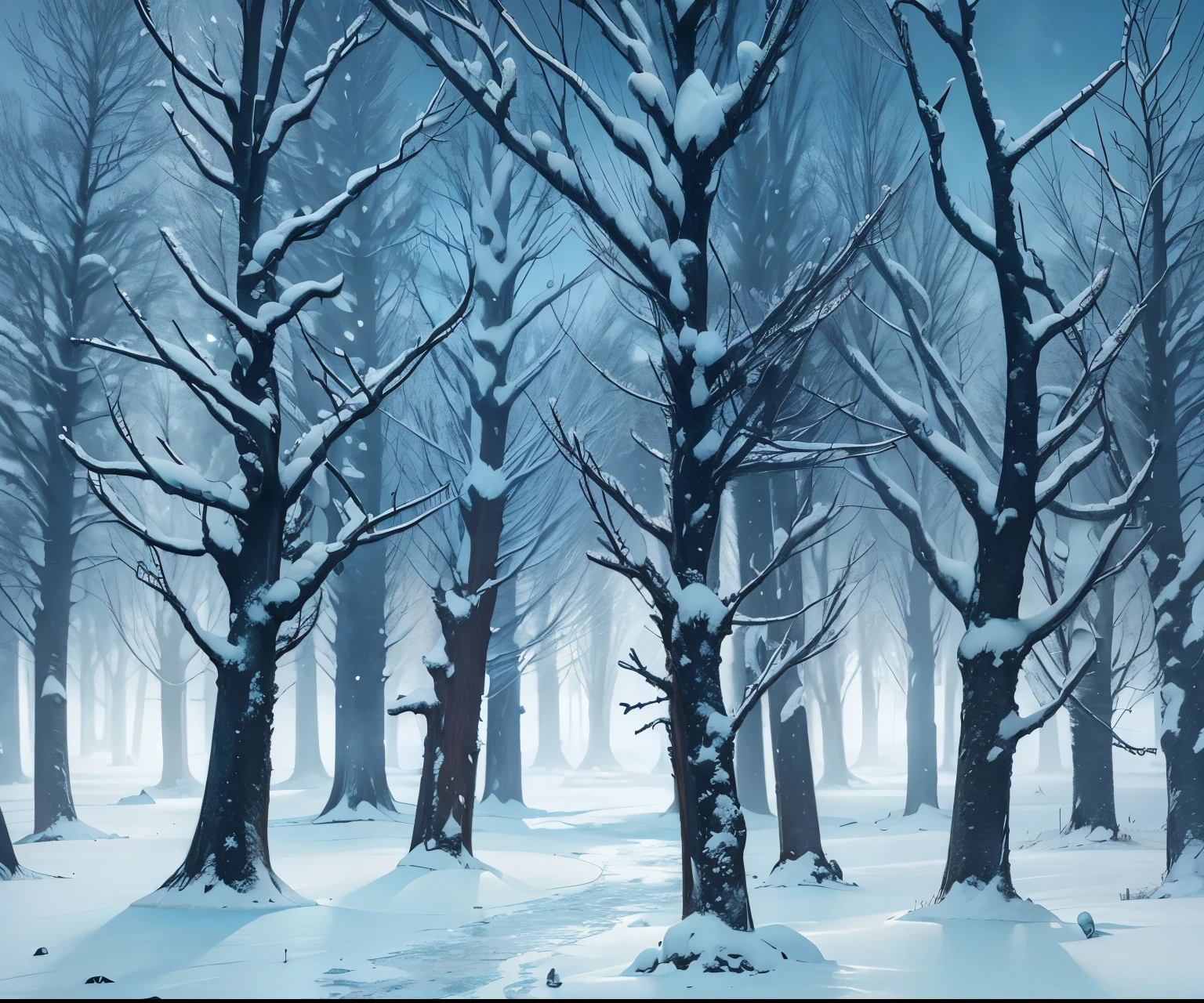 ice forest, cold, ice, snow, sky, anime, background