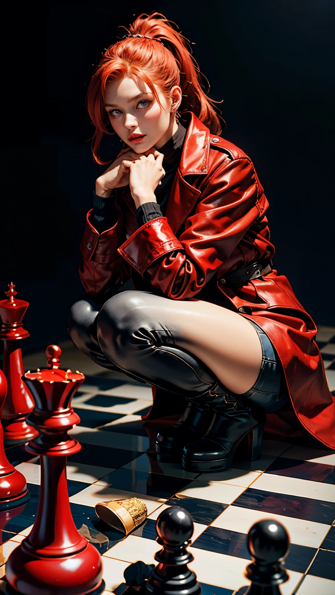 Beautiful redhead, ponytail, blue eyes, red coat, elegant black boots, elegant, very beautiful, chess board lying in the middle of chess pieces