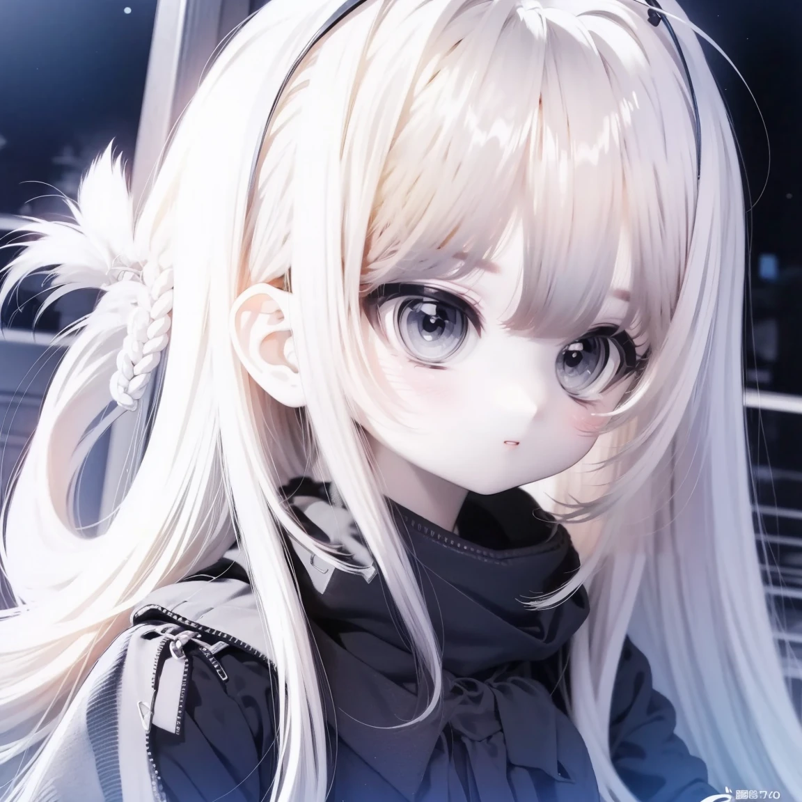 White Hair，Girl，KHD，4K，Expressionless face，Anime Style，profile，Night sky background, Casual Fashion, ((Three white eyes)),soro,1girl,Best quality,