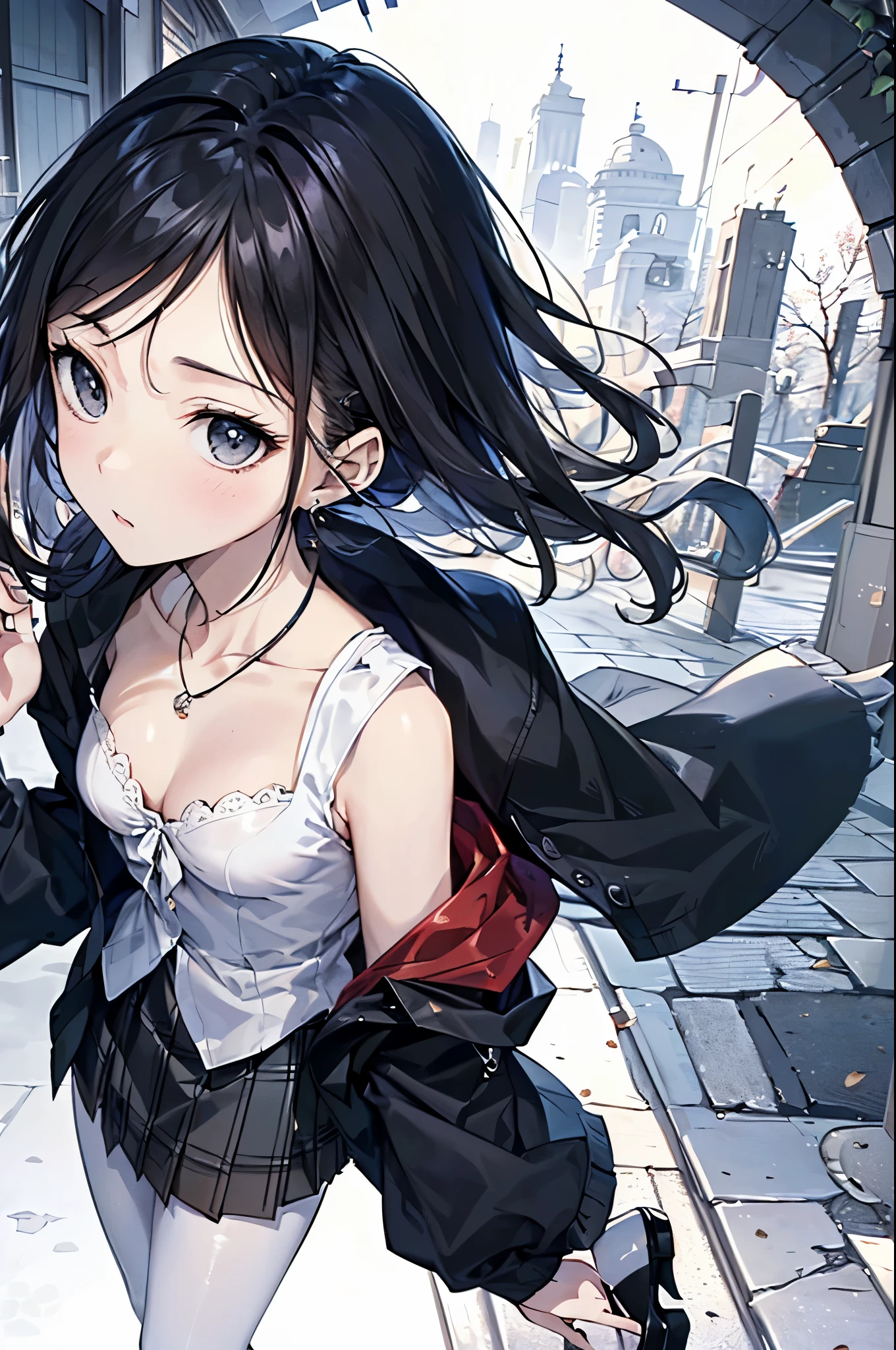 ((Biologically correct number of limbs))、(( Photo with face included))、4K、((Standing posture))、Masterpiece、((focus on the face))、((Symmetrical facial features))、Eyes with detailed description、Beautiful woman、Outstanding style、Beautiful clavicle、Beautiful legs、Beautiful Hands、Slender Body、(stockings、High heels）、Detailed depiction of faces、Small earrings、necklace、(Jacket、shirt、(Checked skirt))、profile、tie、Holiday theme park、(((White oak)))、Droopy eyes、Photographed from diagonally in front、(((Black and White)))、(((Pencil illustration)))、