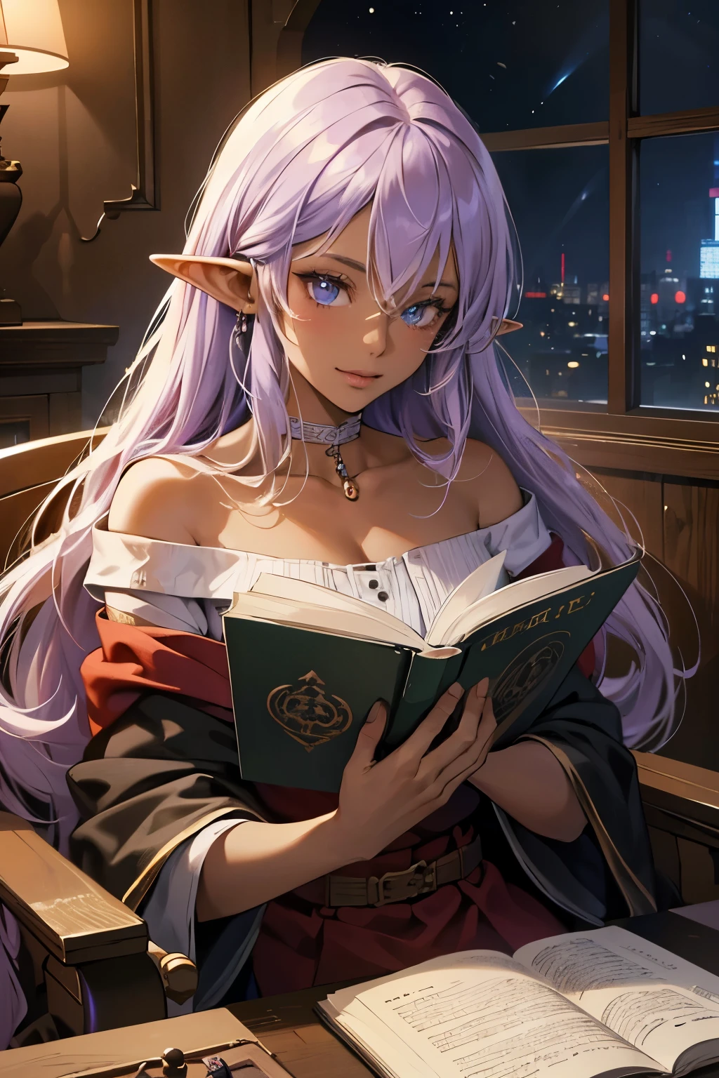 (absurdres, highres, ultra detailed),Masterpiece,intricate details,Best quality,8k,Realistic face,Realistic skin texture,magnified textures, stunning clarity, anime girl,kind girl,ultra detailed eyes and faces,(elf ears),(dark skin:1.5),light purple hair,long hair,smile,22 years old,off-the-shoulder top,long skirt,reading a book,(look at viewer),tsurime,(fireplace),cozy mood,(medieval fantasy),Rockin&#39; Chair,Bookshelf,cinematic lighting,(night:1.2),faint light,darkness,form front