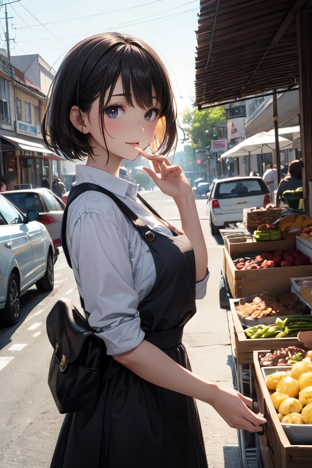 very cute and beautiful girl standing among town market,selling many kind of foods,
(highly detailed beautiful face),cowboy shot,yellow and white floral frilled apron on white blouse,blue skirt,
looking at viewer,(laugh),black hair,people,crowd,
(best quality,masterpiece:1.0),absurdres,highres,ultra-detailed,extremely detailed,32k,8k resolution,
intricate details,cinematic scene,detailed background,solo focus,dynamic angle,realistic,