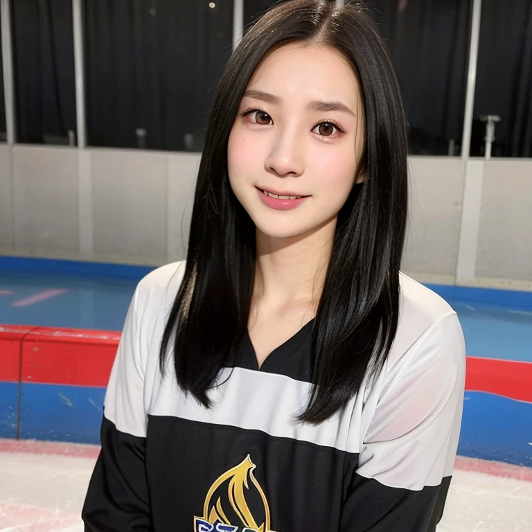 (kawaii 24year-old Japanese girl, Nogizaka idol, Korean idol), female ice hockey player, (glossy black hair, very short hair:1.3), (rounded face, black eyes, single eyelid, no makeup, soft smiling:1.2), (wearing long sleeved ice hockey jersey:1.3), (flat chest, extra small breasts:0.8), (looking at viewer:1.2), BREAK, (ice skate arena background:1.3), (view from forward, close shot:1.3), BREAK, (masterpiece, best quality, photo realistic, official art:1.4), (UHD, 8K quality wallpaper, high resolution, raw photo, golden ratio:1.3), (shiny skin), professional lighting, physically based rendering, award winning, (perfect anatomy, highly detailed skin, extremely detailed face and eyes:1.2), Carl Zeiss 85 mm F/1.4, depth of field, 1girl, solo, nhl player, national hockey league player,