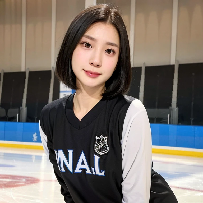 (kawaii 24year-old Japanese girl, Nogizaka idol, Korean idol), female ice hockey player, (glossy black hair, very short hair:1.3), (rounded face, black eyes, single eyelid, no makeup, soft smiling:1.2), (wearing long sleeved ice hockey jersey:1.3), (flat chest, extra small breasts:0.8), (looking at viewer:1.2), BREAK, (ice skate arena background:1.3), (view from forward, close shot:1.3), BREAK, (masterpiece, best quality, photo realistic, official art:1.4), (UHD, 8K quality wallpaper, high resolution, raw photo, golden ratio:1.3), (shiny skin), professional lighting, physically based rendering, award winning, (perfect anatomy, highly detailed skin, extremely detailed face and eyes:1.2), Carl Zeiss 85 mm F/1.4, depth of field, 1girl, solo, nhl player, national hockey league player,