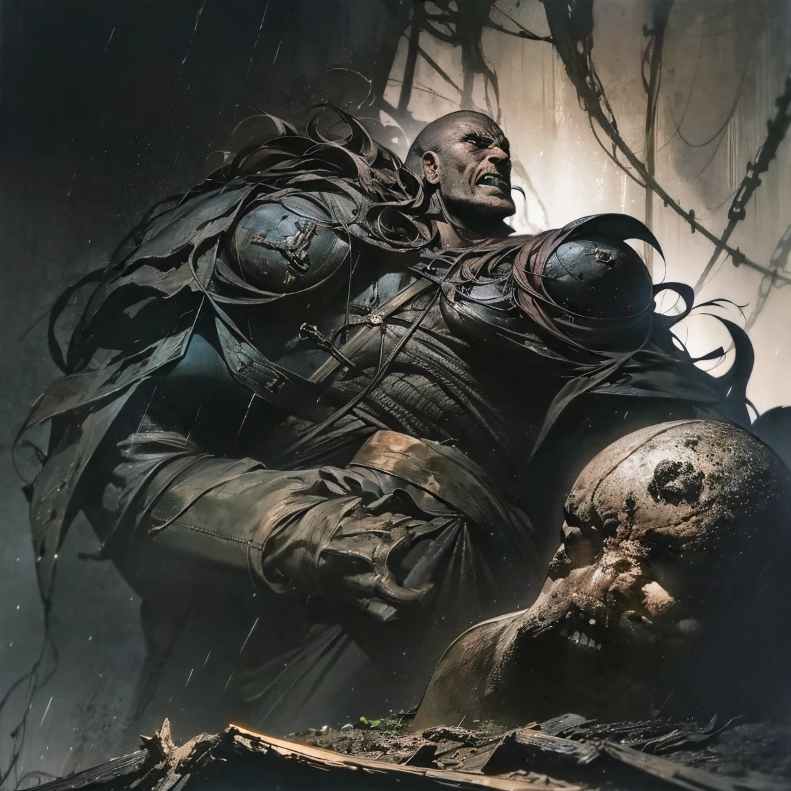 Epic scene, anime charactere, (dark rainy atmosphere:1.3), fantastic, (realistic, designs realistic:1.3), dark fantasy, dark colors, dark contrast, (best quality, eigh resolution, many details), ultra detailed, vivid colors.