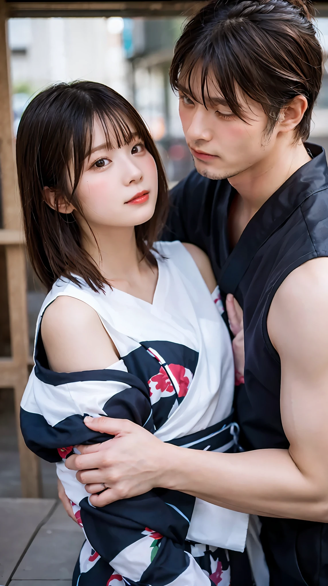 man and woman images、A father holds his 9-year-old daughter on his lap, Wearing a thin, see-through yukata., 、((small flat chest、flat breasts))((Opening the front of the yukata reveals a flat chest..))..((father puts his hand under his daughter's breast'Touching her breasts while wearing a yukata.));、father puts his hand on his daughter'Play with her thighs;My daughter is half naked
