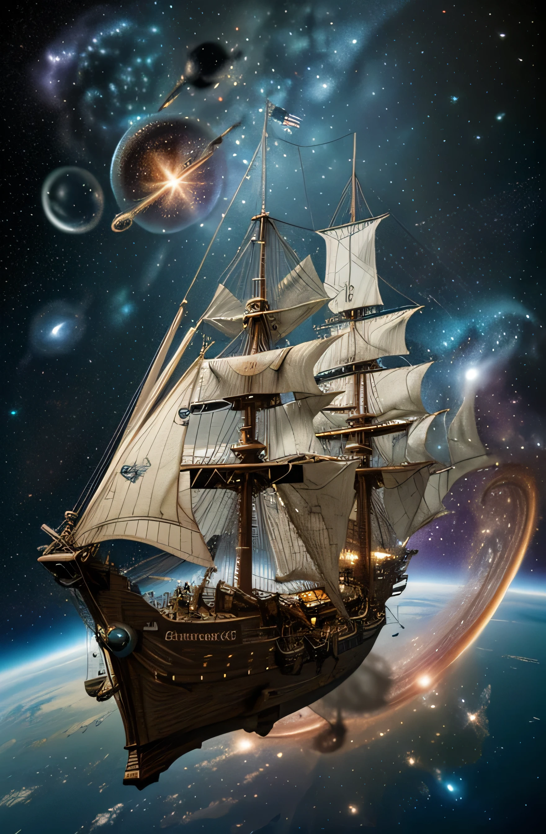 sailing ship steampunk moving through space dust in space, with space fish at the front, no water, no sea, cartoony