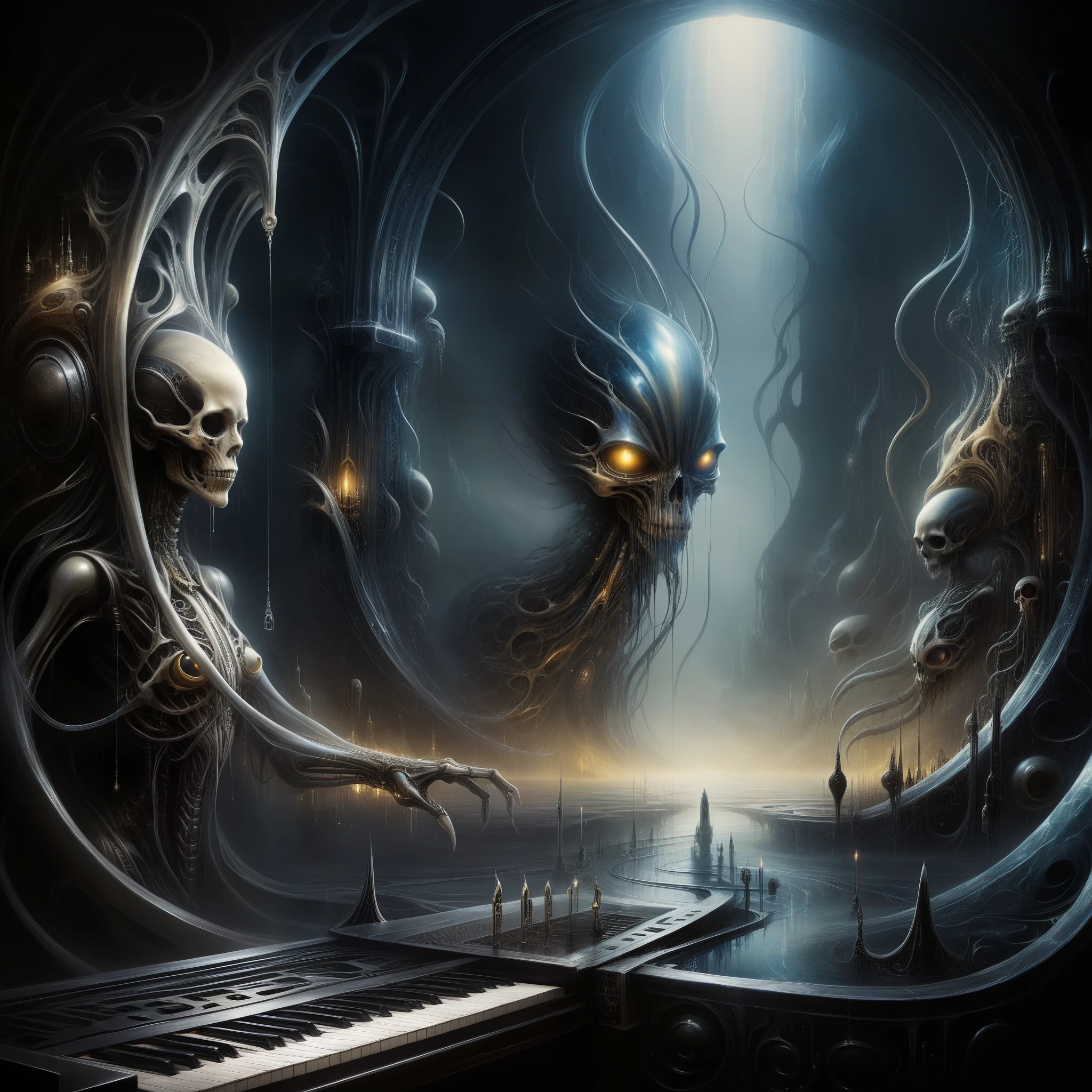 Enter a realm where AI-composed music morphs into eerie melodies, echoing through a surreal landscape inspired by H.R. Giger's twisted imagination.