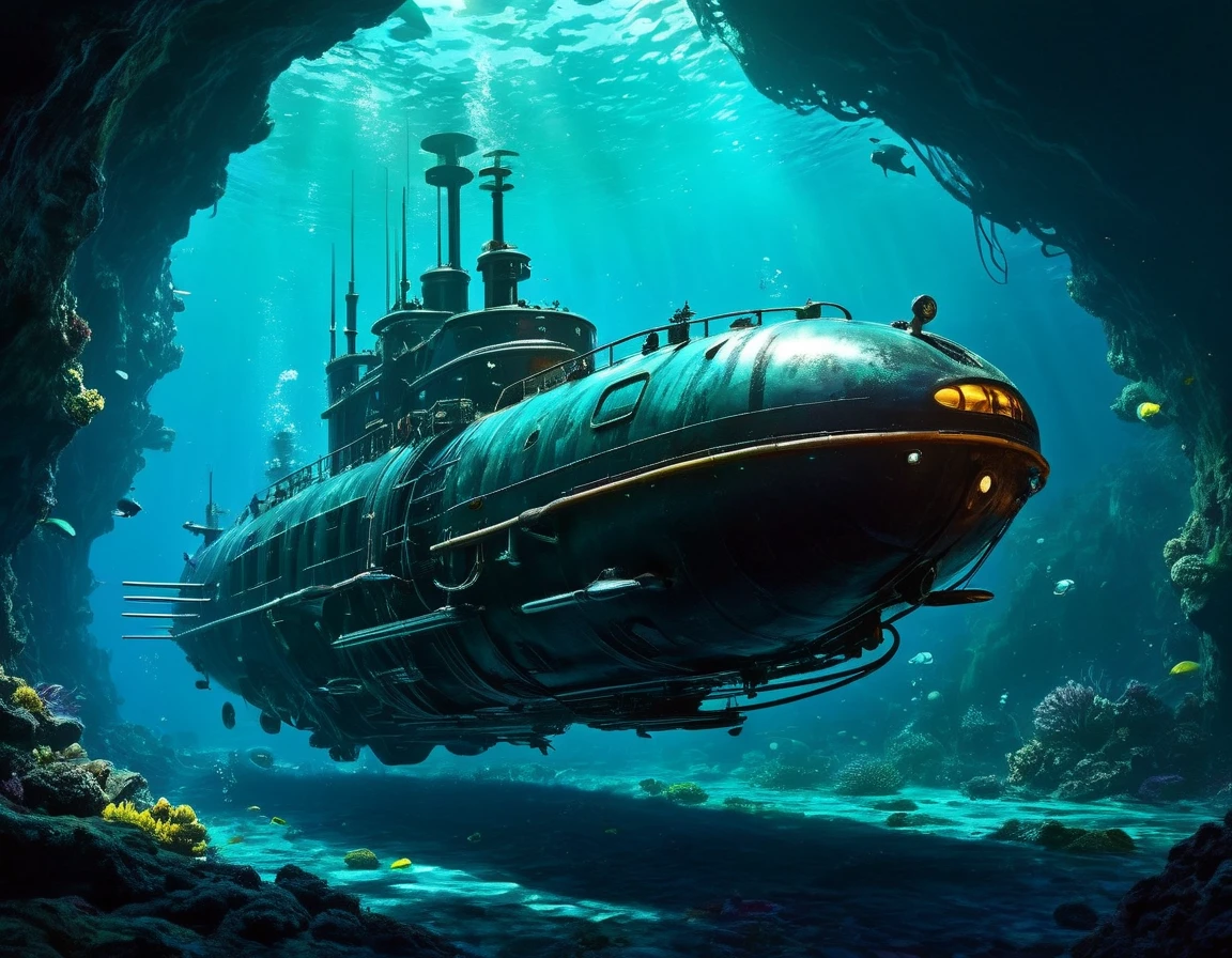 Nautilus submarine from Captain Nemo's era, sketched with alcoholic inks mimicking Benedick Bana and Studio Ghibli styles, immersed in the radiant neon depths of an oceanic abyss, intricate, hyperdetailed, 32k resolution, octane rendering, colors pop vividly against the ink-black sea, reminiscent of an epic Steven Spielberg film scene, sharp focus highlighting the submarine, monumental masterpiece, vivid colors, volumetric lighting, cinematic allure.