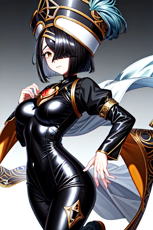 (masterpiece:1.5),(best quality:1.5),(high resolution:1.5),(8k:1,5),(perfect face:1.5),(perfect body:1.5),(perfect hands:1.5),(perfect fingers:1.5),full body,,1woman,(megami magazine:1.3),pale skin,(fighter:1.3),black short hair,(hair over one eye:1.5),,seductive smile,(small breasts:1.1),(large ass:1.3),, breasts chinese clothes, long sleeves,, white robe, black headwear, looking at viewer,Stand facing forward,Tight clothes,Hide one eye,