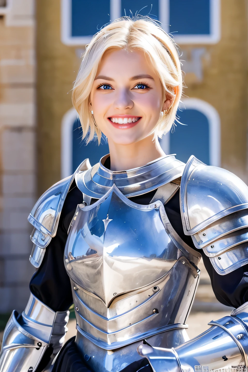 ８Ｋ、highest quality、female knight、Luxurious Silver Armor、、hairstyle short cut、smile、Beautiful Teeth、Full body photo、ear piercing、blonde、White woman、blue eyes、Heavy makeup、The background is inside the castle

