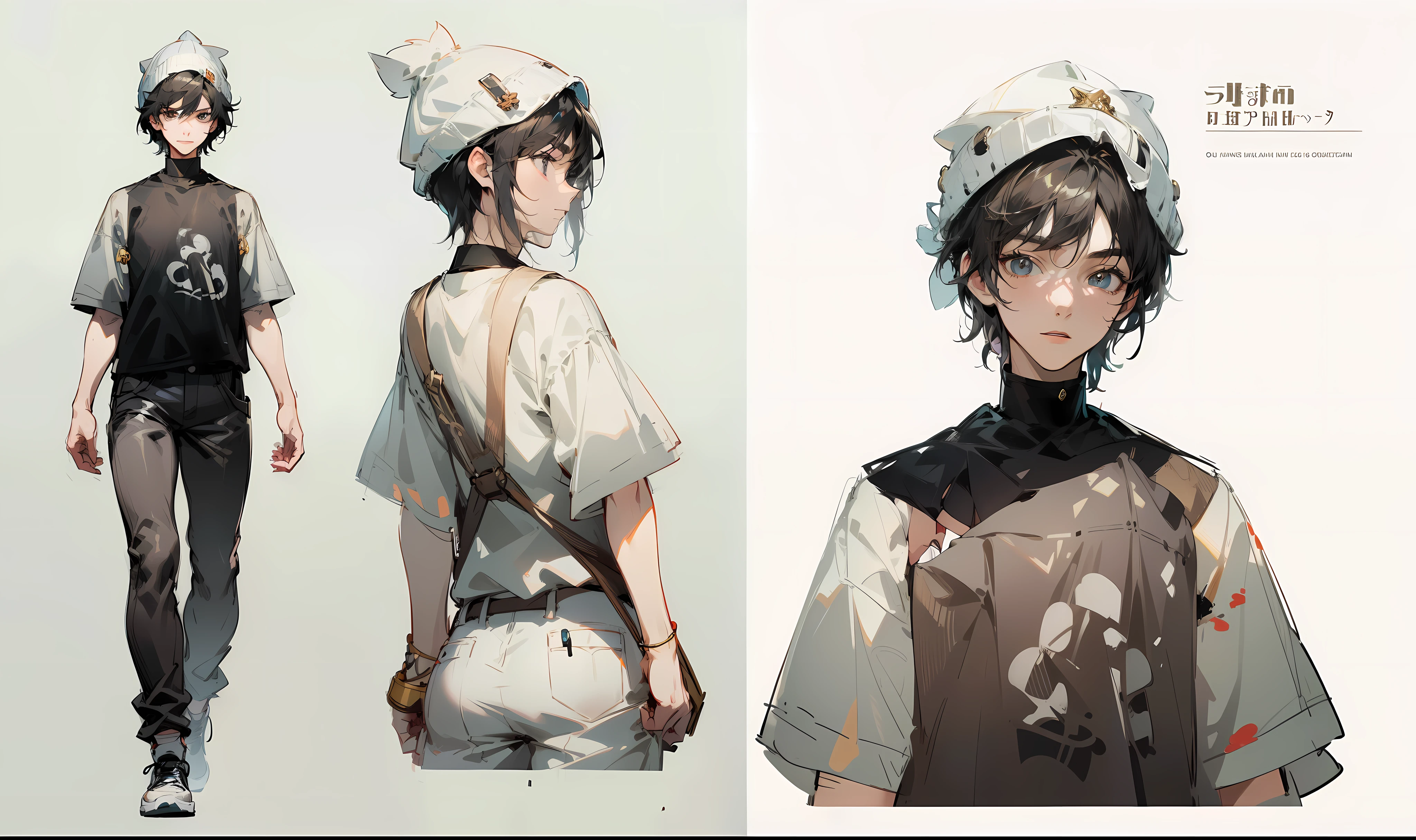 ((character sheet)) 1 boy, best quality, Cool looking age boy, Character sheet,T- pose , beautiful eyes , detailed face , wearing t-shirt, different angles, different poses, different head poses, forward, backward, simple background, Boy student,Light-colored clothes,short detailed hair,Black color hair,The shirt,full body, Adult male、((Adult 21 years old))、((Adult older brother)), Black short hair, character references, black eyes, black big shirt, black baggy shorts, white shoes, male, Full body, Character design , reference sheet, dynamic poses, detail face, ((Best Quality)), ((Masterpiece)), ((Realistic)) 19 year old, boy, wavy, relaxed happy face ((slender)), (((detailed character sheet, frontal view, side view, three quarter view, full body view))) white background, ((beanie hat)), (intricate-detail:1.2),(masterpiece, :1.3) ,(top-quality:1.4), (A high resolution:1.2), A high resolution, (A detailed eye), (detailed facial features), 8K resolution, (Lens Flare: 0.7), turned around, (8K, masterpiece, Highest Quality, Best Quality, Official art, Breathtaking beauty and aesthetics, A highly detailed, full body character design, full body