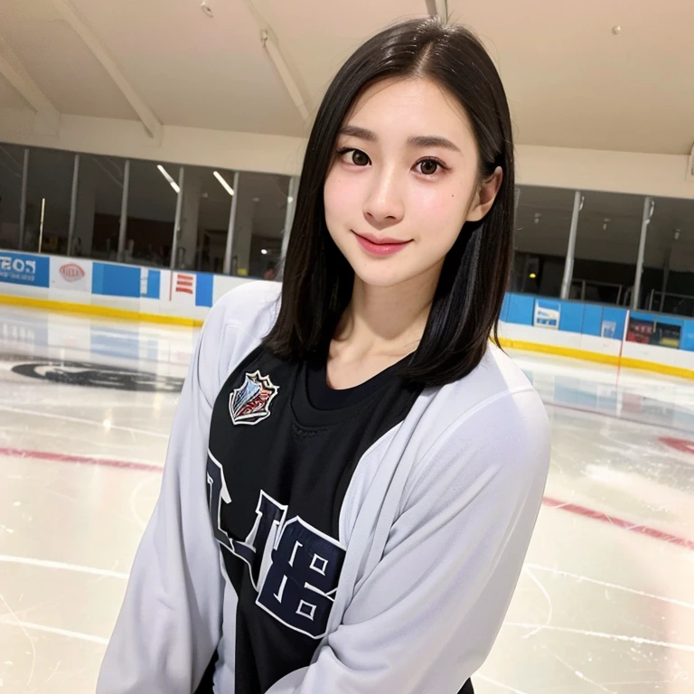 (kawaii 24year-old Japanese girl, Nogizaka idol, Korean idol), female ice hockey player, (glossy black hair, very short hair:1.3), (rounded face, black eyes, single eyelid, no makeup, soft smiling:1.2), (wearing long sleeved ice hockey jersey:1.4), (flat chest, extra small breasts:0.8), (looking at viewer:1.2), BREAK, (ice skate arena background:1.3), (view from forward, close shot:1.3), BREAK, (masterpiece, best quality, photo realistic, official art:1.4), (UHD, 8K quality wallpaper, high resolution, raw photo, golden ratio:1.3), (shiny skin), professional lighting, physically based rendering, award winning, (perfect anatomy, highly detailed skin, extremely detailed face and eyes:1.2), Carl Zeiss 85 mm F/1.4, depth of field, 1girl, solo, nhl player, national hockey league player,