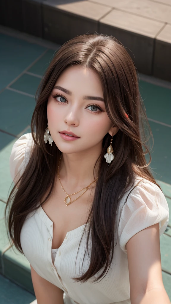 1 25 years old beautiful woman with long hair posing for a picture, Beautiful long hair woman, A very beautiful woman, She is blushing and making a kissy face, Her face is turned upwards, Well-cared for beautiful long hair, 8K Ultra Realistic Portrait, Photograph from the front of her, Camera angle of view from above, Smooth long hair beautiful woman, She is slim figure top model and famous movie actress, She has a very white and fine and smooth skin, Breast enhancement, (((1 American woman))), The eyebrows are raised and furrowed, She has bittersweet feeling, Glossy long hair, Super thinly opened eyes are moist and droopy, She is looking up at the viewer from below, Her thick plump and shiny lips are half-opened, Close-up photo of face, A person in the center left and right, The whole head is shown, She is wearing a pastel colored blouse, A very simple necklace and very simple earrings, Perfect Makeup, Professional lighting like movies in a dark room