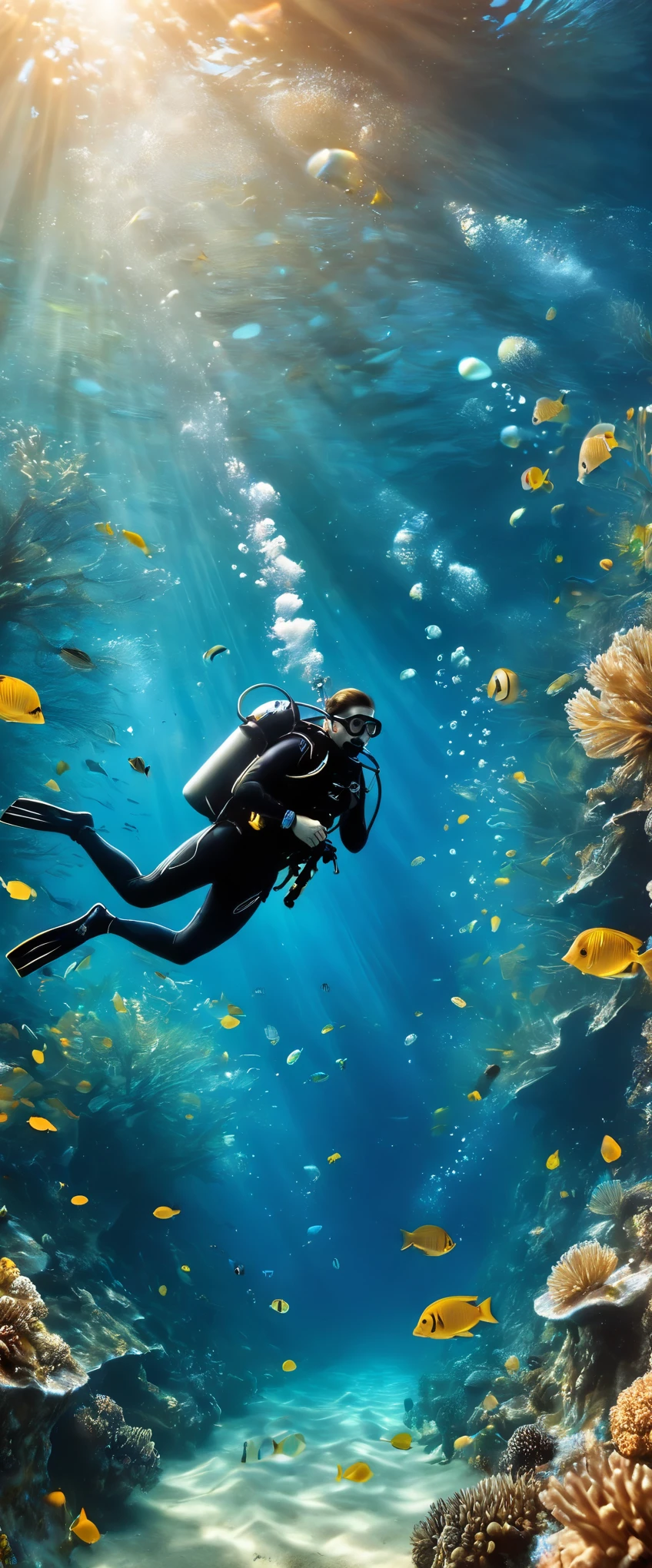 Photos under the sea,Draw a beautiful underwater world,1 diver,Best diving spots,Transparency,How beautiful,Water representation,Water movement,Fine air bubbles,realism,Beautiful diving spots that will captivate everyone,bright,Diagonal composition,Focus on the Underwater World,Photorealistic,